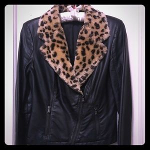 Leather Moto Jacket Leopard Collard